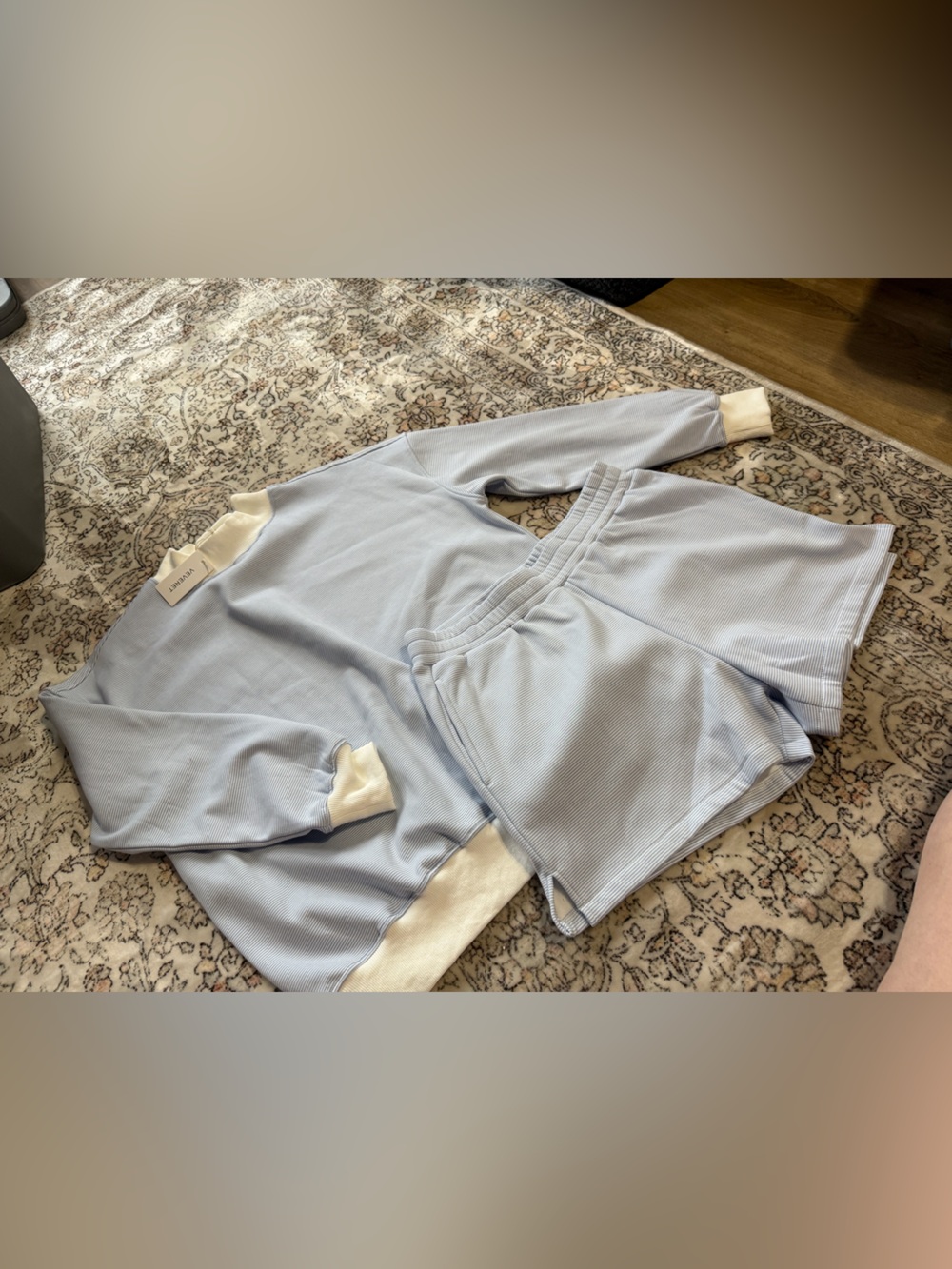 Light Blue Cozy Lounge Set with Contrast Trim - NWT. Mock neck top and short set